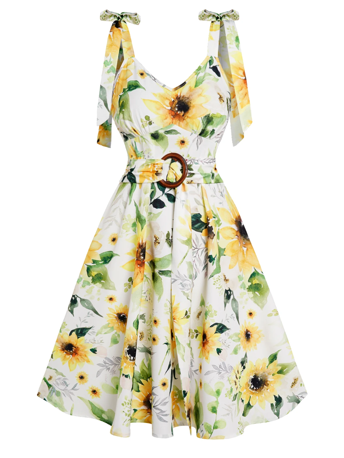 

Female Sunflower Print Vacation Dress Beach Party Garden Robe Bowknot Shoulder Strap O Ring Self-belt Mini Jurken