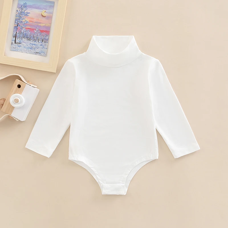 0-24M Baby Boys Girls Romper Toddler Infant Solid Color Long Sleeve Turtleneck High Stretch Bodysuit 4