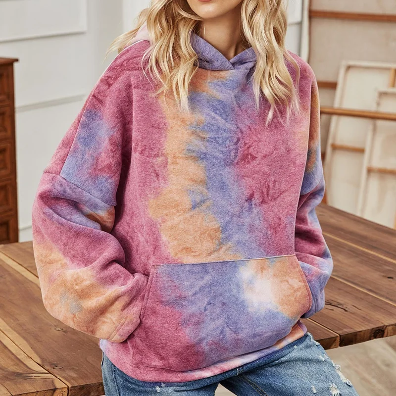  Spring Fashion Tie-dye Hooded Sweatshirt Women Autumn Long Sleeve Print Loose Pullover with Big Pocket Hoodies Streetwear