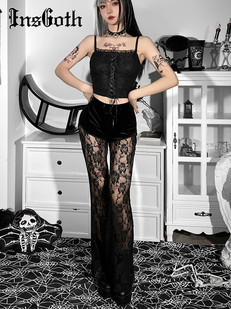 InsGoth Gothic Black Sexy Lace Sheer Mesh Flared Pants Women's Velvet Grunge Bottoms High Waisted Slim Fit Pants Boho Hippie