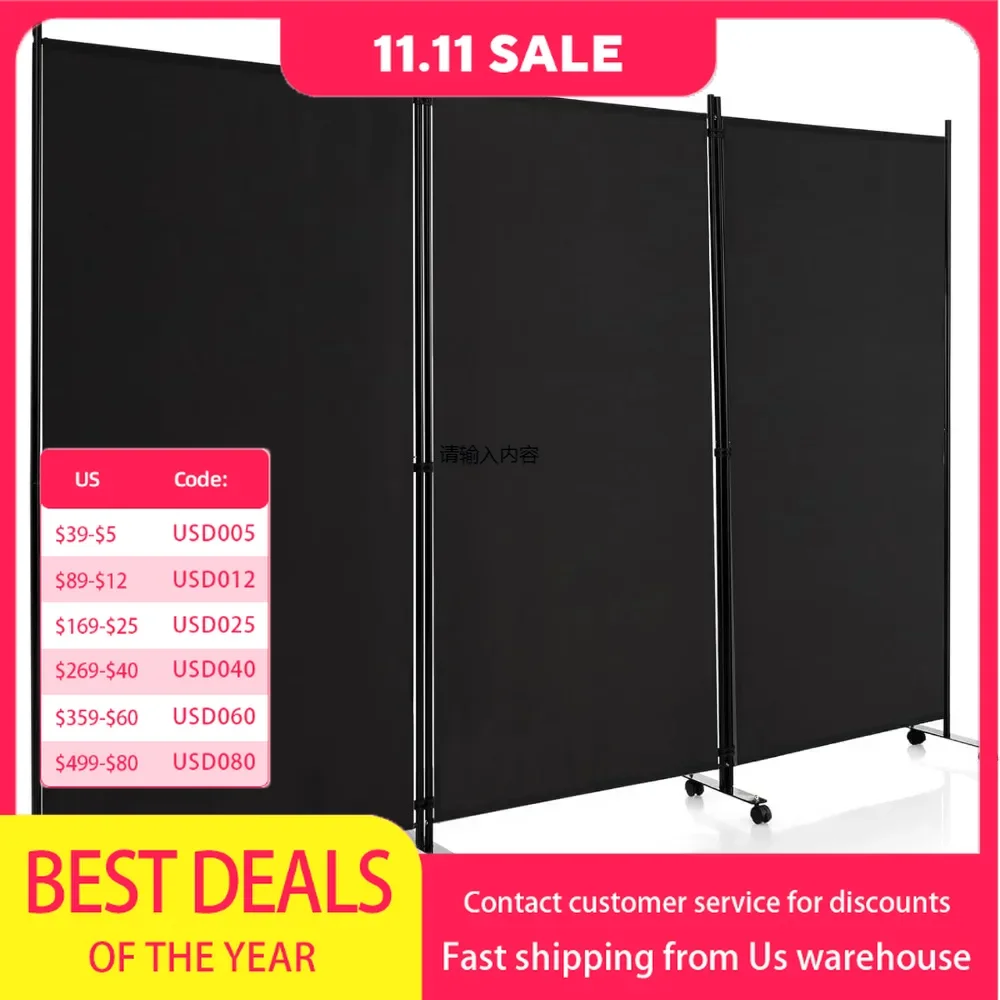6 Panel Room Divider, 132" Wide x 68" Tall Large Folding Privacy Screen, Rolling Partition Room Partition for Studio Divider