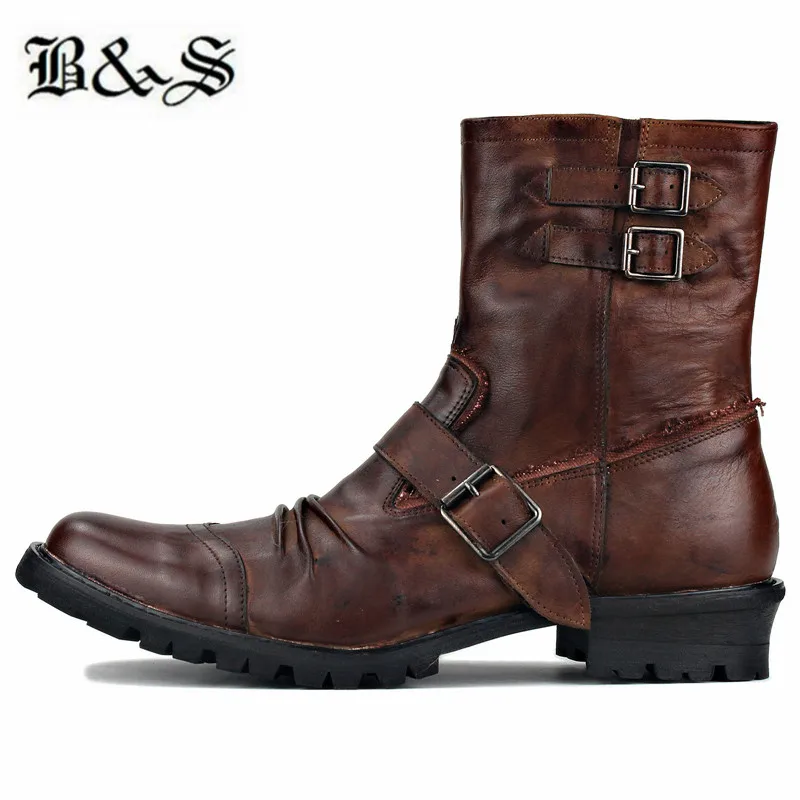 

Black&Street men plus size 39-47 retro motorcycles genuine leather rock Boots brown western punk walking desert cowboy Botas