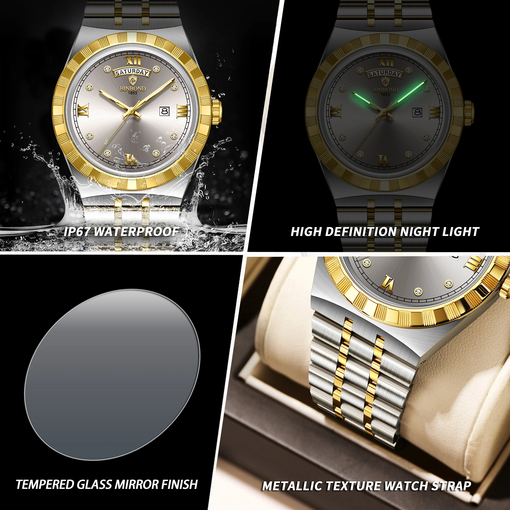 BINBOND Luxury Luminous Waterproof Quartz Men's Watch with Auto Date Display