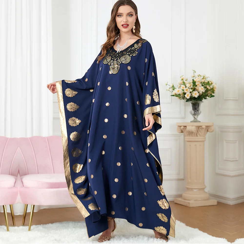 Muslim Blue Hot Gold Print Bat-Sleeve Loose Dresses Autumn New Elegant V-Neck Women's Kaftans Casual Outing Daily Arab Kaftans