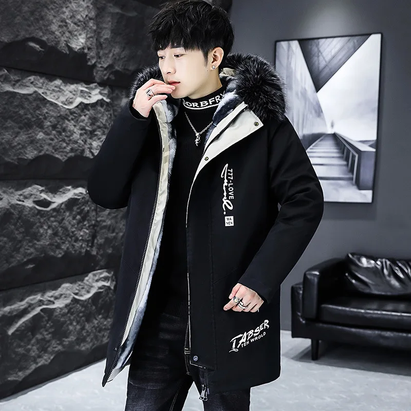 Winter Velvet and Thickened Style Overcoming Men's Leisure Warmth Mid length Windbreaker Hooded Wool Collar Cotton Coat Men's