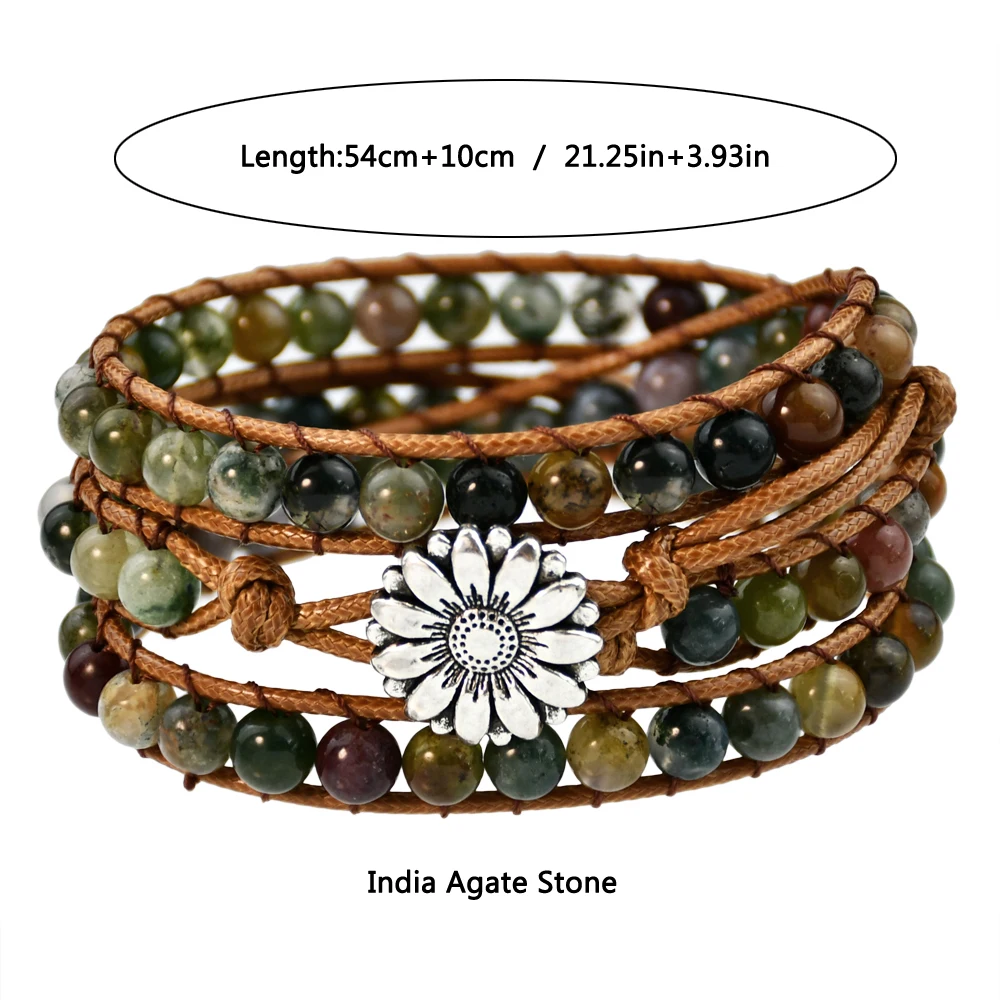 Natural Indian Agate Stone Beaded Wrap Bracelet Flower Charm