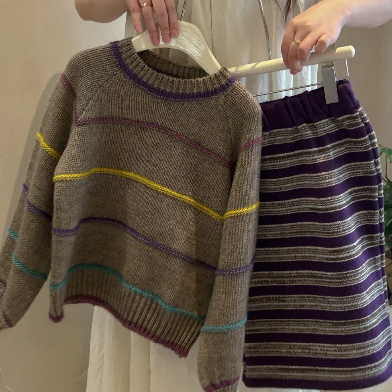 

Children Set Korean Style Vintage Colored Patchwork Striped Sweater for Girls Striped Knit Skirt Casual Simple Two Piece Set