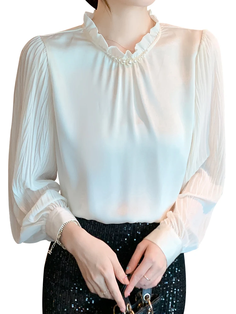 QOERLIN Ruffles Stand Collar Shirt Womens Blouse Pearl