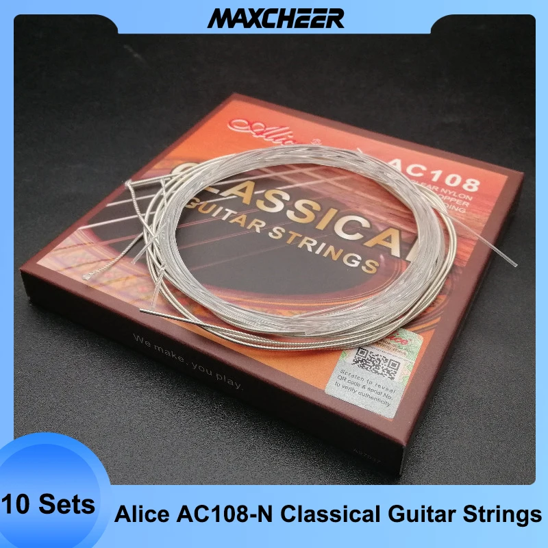 

10SET Classical Guitar Strings Clear Nylon Strings Silver Plated Copper Alloy Wound Normal Tension - Alice AC108-N encordoamento