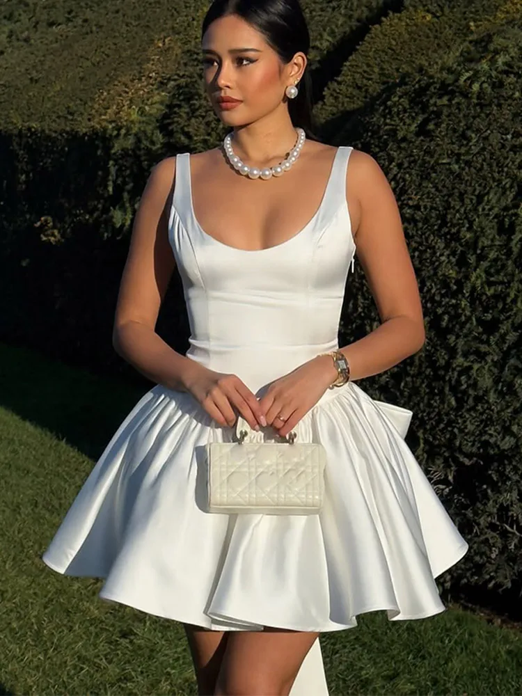 Elegant Female White Sleeveless Sling Mini Skirt Sexy Slim Pleated Chic Bow Backless Short Dress 2025 Women New Evening Robes 3