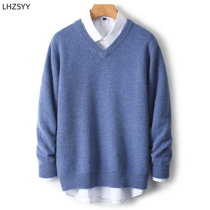 LHZSYY Men's V-Neck Cashmere Sweater 23Autumn Winter New Thick Solid Pullovers Loose Knit Base Shirt Business Casual Jacket Tops 3