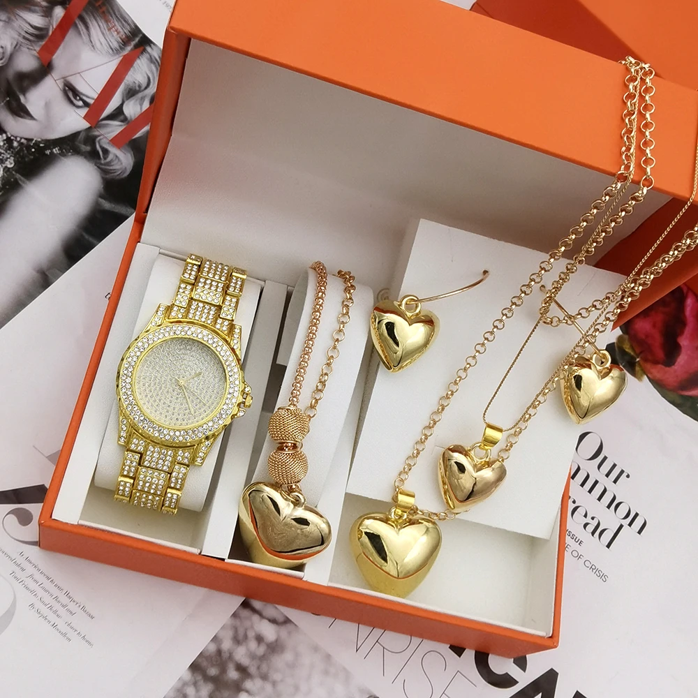 Fashion Luxury Women Bracelet Watches Ladies Gold Diamond Quartz Womens WristWatch Clock Heart Necklace Women Party Jewelry Set