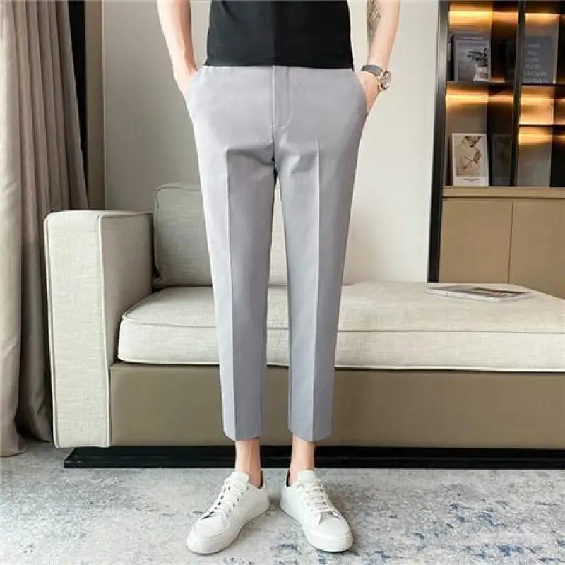 2024 Spring and Summer Fashion Trend Simple Casual Business Versatile Solid Color Elastic Waist Ankle Length Suit Pants for Men