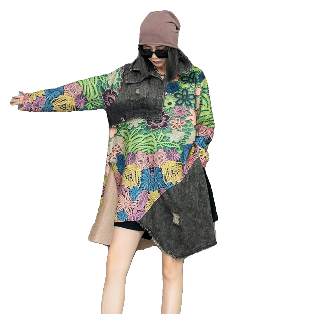 

Pullover Women Autumn Fashion Printed Knitted Stitching Denim Lapel Long Sleeve Mid-length Irregular side Slit Warm Knitwear Ju