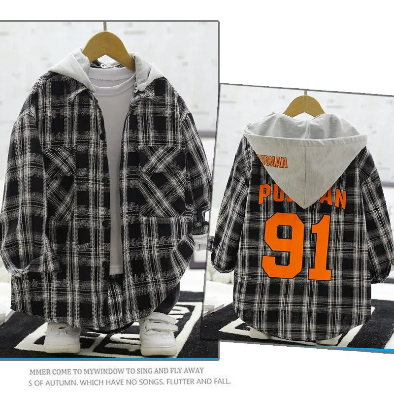 Boys' Plaid Shirt Spring and Autumn 2022 New Children Loose Long Sleeve Shirt Medium and Big Children Handsome Hooded Coat