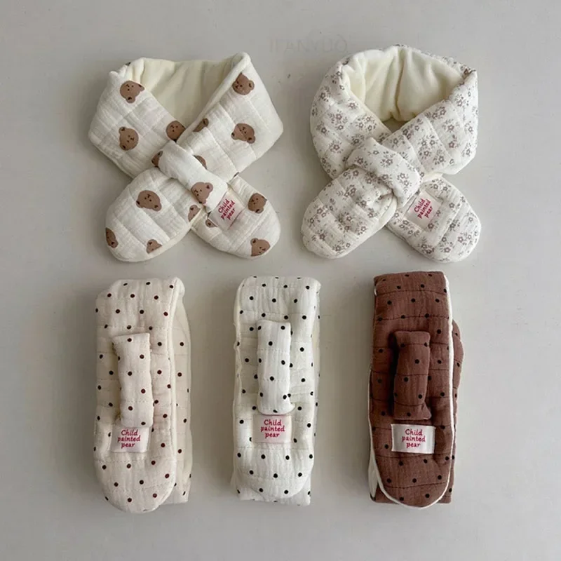 Children Cute Versatile Warm Scarves Winter Korean Plush Windproof Neckerchief Boy Girl Kid Cartoon Bear Dot Scarf Baby Clothing