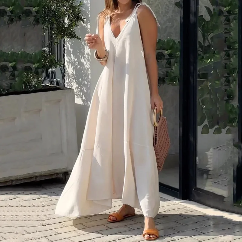 

SUJYing Maxi Dress Summer Casual Solid Sleeveless V-Neck Lace Loose Holiday Beach Dress