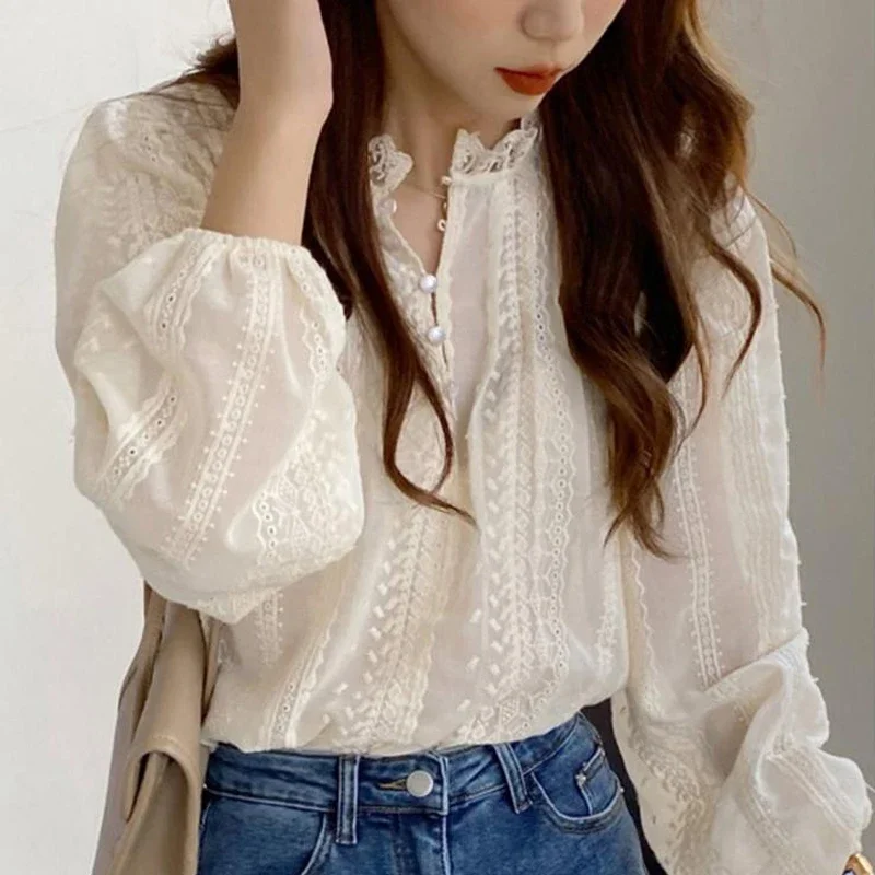 Women Spring Elegant Blouse Puff Sleeve Long Sleeve Tops