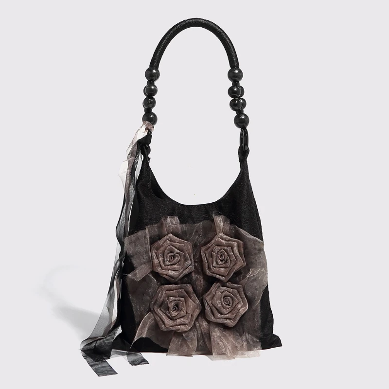 Chinese Style Rose Decor Shoulder Bags Fashion Commuter Tote Bags Classic Pleated Handbags High Quality Women Underarm Bags
