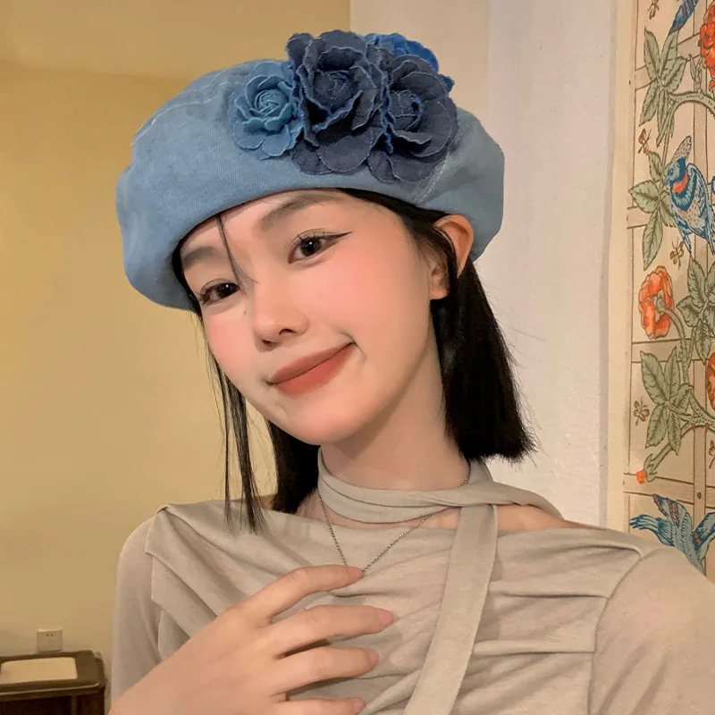 데님 꽃 우아한 여름 용수철 베레모, 여성 소녀 패션, 트렌디 야외 스트리트 캡