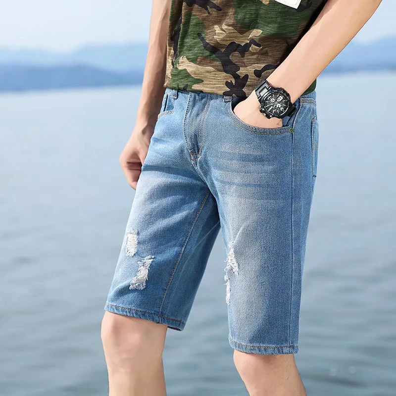2024 Summer New Men's Perforated Jeans Shorts Men's Thin Style Trendy Versatile Capris Denim Straight Shorts
