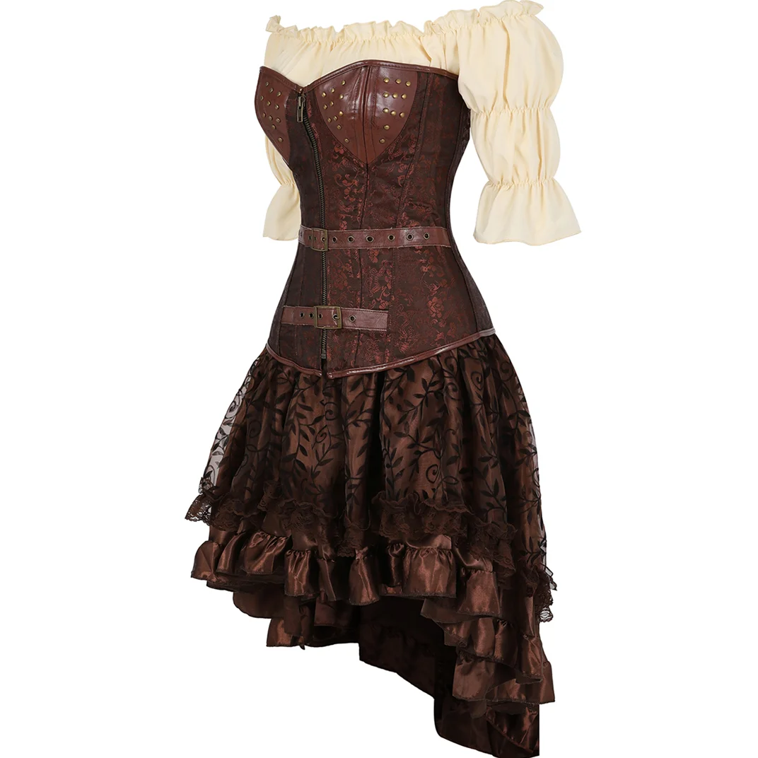 Woman Steampunk Locking Corset Dress, Medieval Straps Leather Pirate Skirt Sets, Zipper Overbust Corset Halloween Sexy Costumes