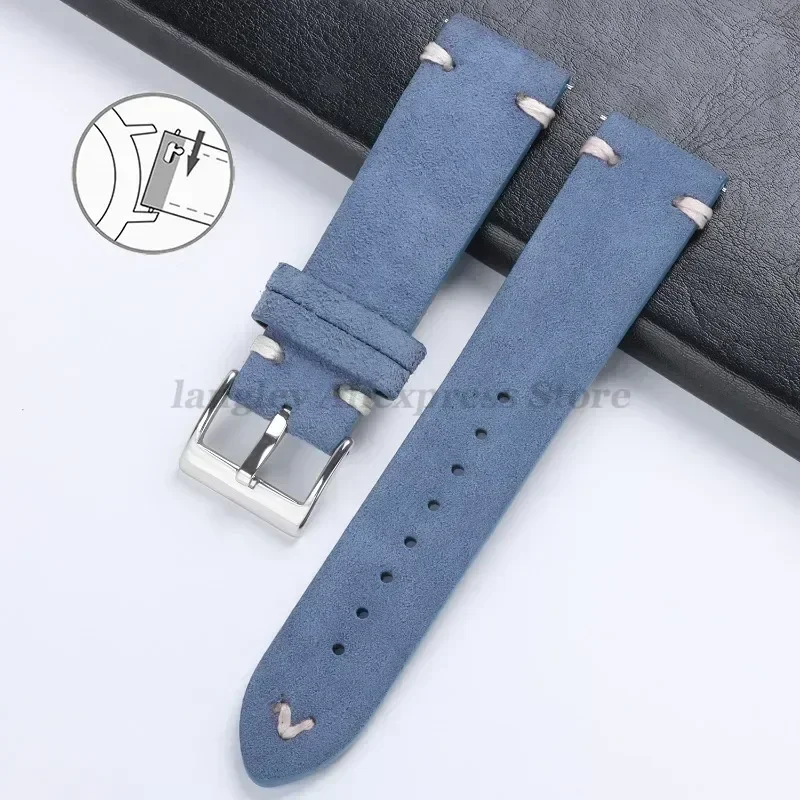 Vintage Handmade Suede Leather Watch Strap with Stitching Details, Available in Multiple Widths