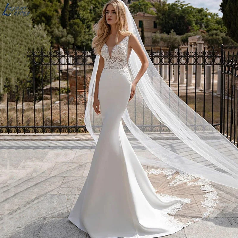 Sexy V Neck Mermaid Wedding Dress Elegant Sweep Bride Gown Vestido De Novia Customized Backless Button Wedding Gowns| | - AliExpress