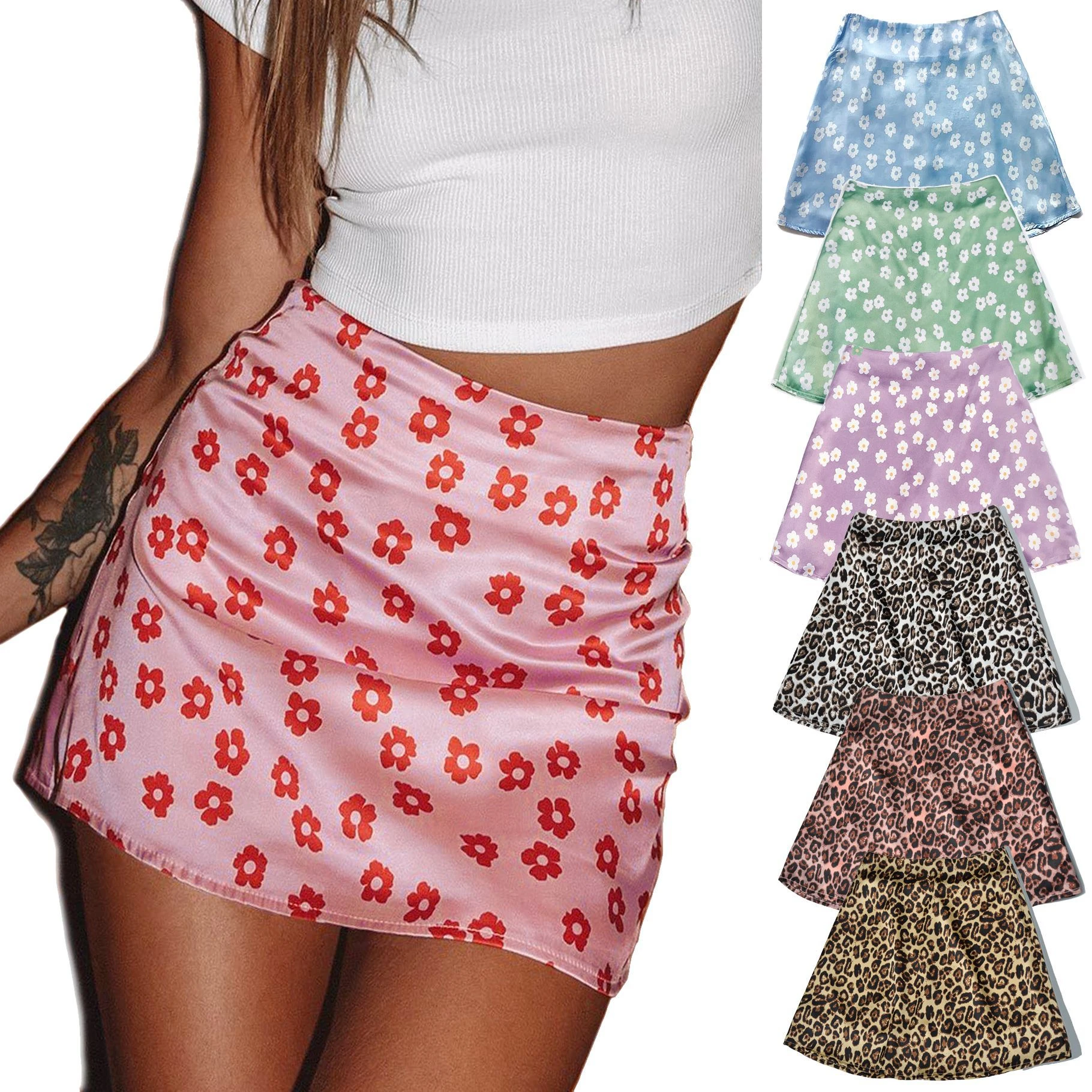 woman skirts harajuku printed skirt high waist summer 2022 European and American wind pink flower skirts womens leather skirt