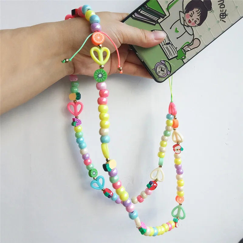 Punki 2021 Summer Fashion Ladies Soft Ceramic Colorful Beads Long Mobile Phone Case Lanyard Cute Smiley Pearl Eye Jewelry |