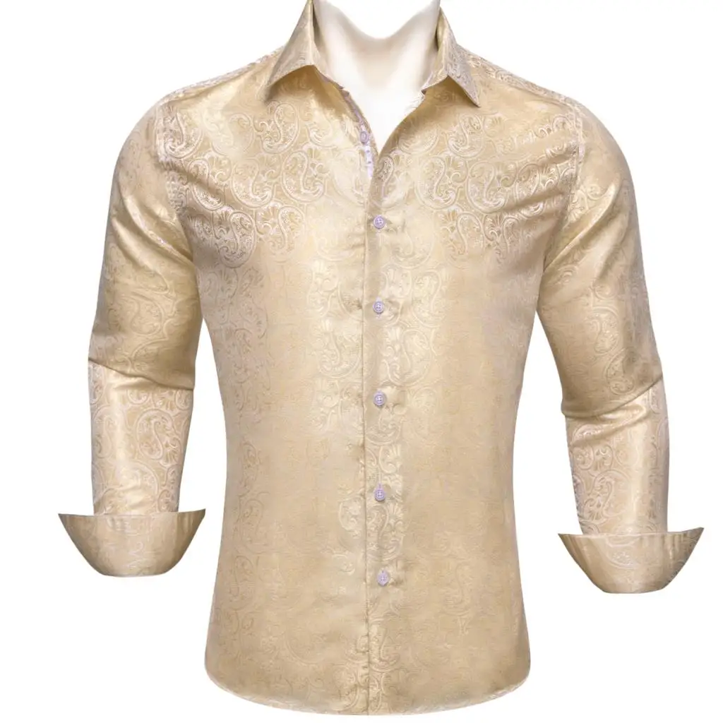 Designer Shirts for Men Silk Long Sleeve Gold Yellow Paisley Embroidered Slim Fit Male Blouses Casual Breathable Tops Barry Wang fashion men shirt green blue business long sleeve turn down collar shirts floral paisley causal party brand male button blouses