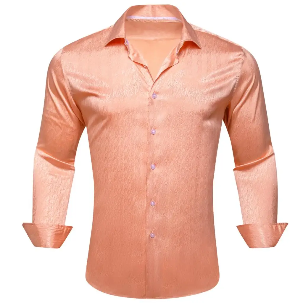 

Luxury Shirts for Men Silk Satin Pink Coral Orange Solid Plain Long Sleeve Slim Male Blouse Casual Formal Tops Barry Wang