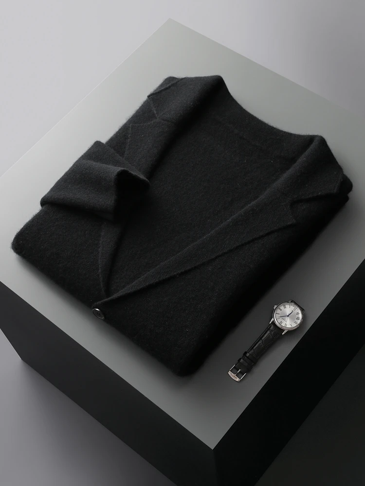 Autumn Winter Men Cashmere Sweater Button Cardigan Turn-Down Collar 100% Merino Wool Pocket Knitwear Soft Casual Fashion Coat 3