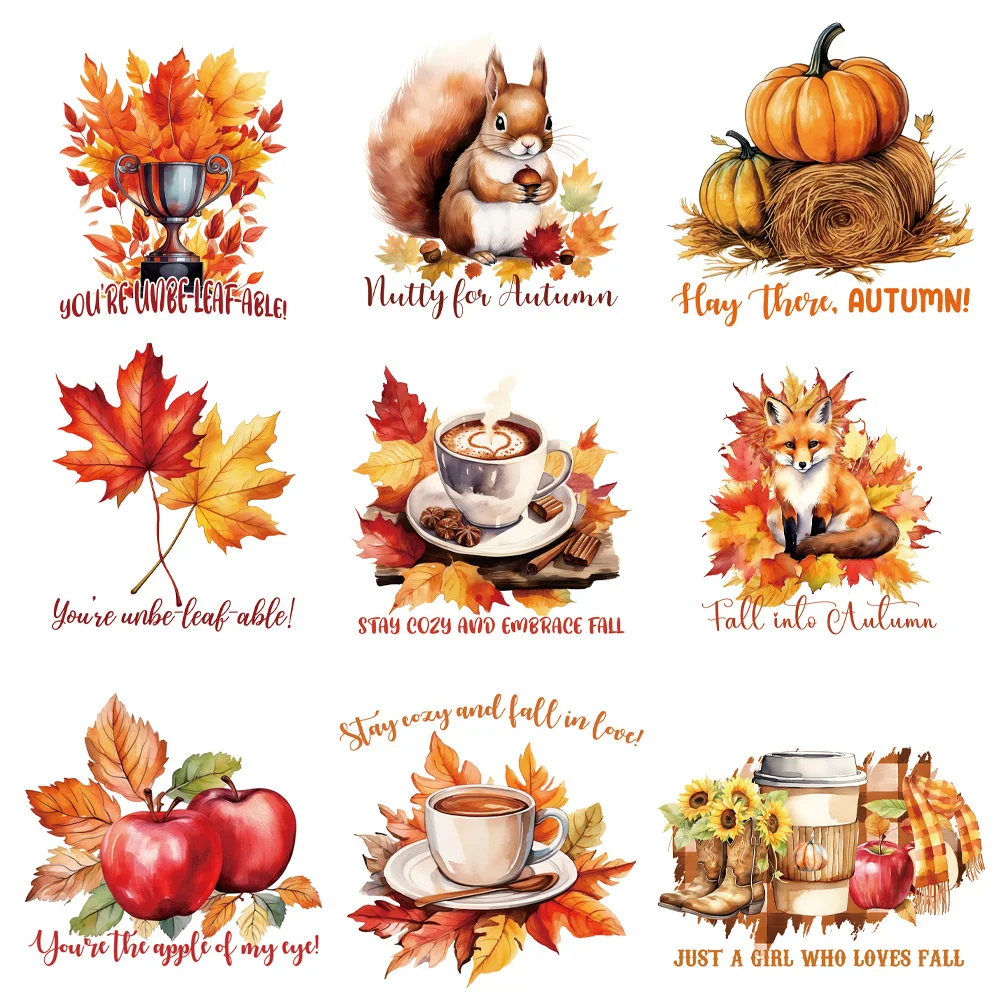 9 piece Autumn harvest season Washable Self Adhesive Embroidery Cloth Patches Hot Press for Clothing DIY T shirt Stickers