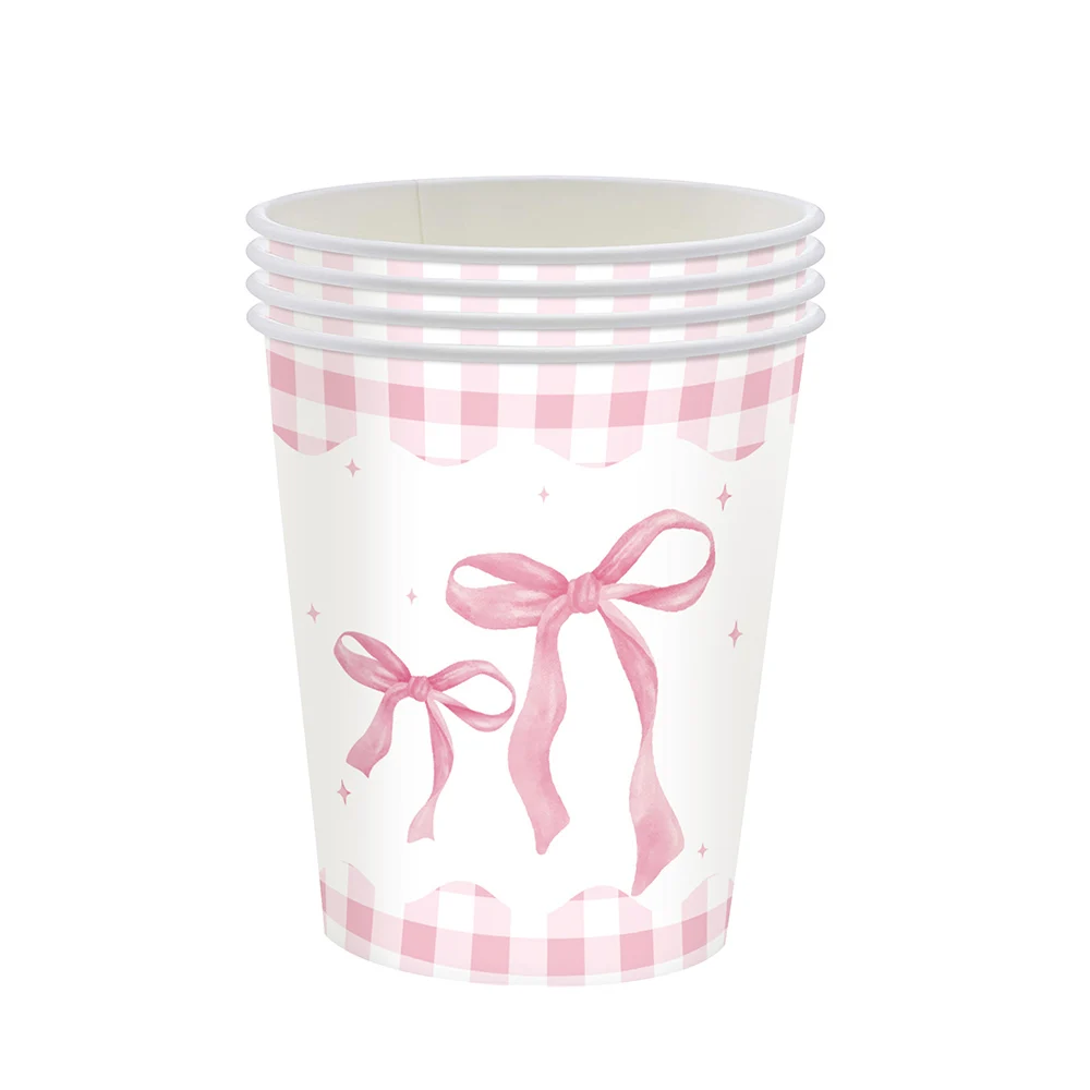 Elegant Pink and White Bow Disposable Paper Cups - Party and Celebration Decor Set (10/20/30/50 Pieces)