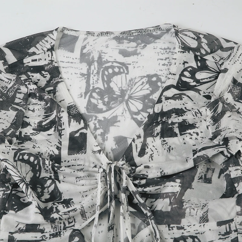 Grunge Mesh Butterfly Print Crop Top Fashion See Through Long Sleeve Hollow Out T-shirt Stylish Y2K Street Outfits