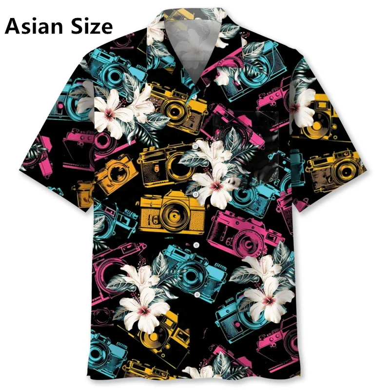 Full Print Colorful Camera Pattern Tropical Hawaiian Shirt For Men Short Sleeve Button Vacation Shirts Tops Men's Casual Shirt