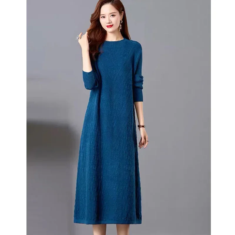 GETADME Korean Fashion Autumn Winner New Dresses Women Solid O-Neck Corset Temperament All-match A-line Slim Loog Sleeve Long Dresses