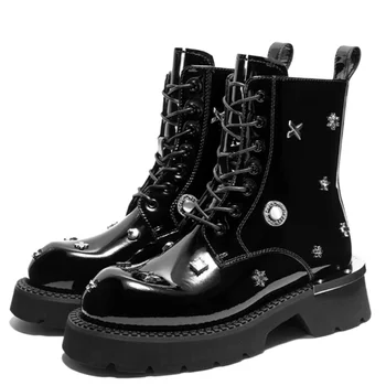 Genuine Leather Metal Rivets Designer Autumn Height Increasing Boots Shoes for Women's British Street Fashion Thick Bottom Boots