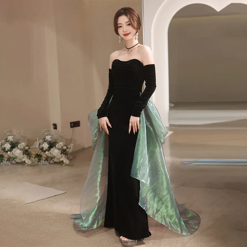 

New Arrival Black Mermaid Pleat Floor-Length Formal Dress Full Sleeve Sexy Zipper Back Velour Strapless Dress Woman Party A2767