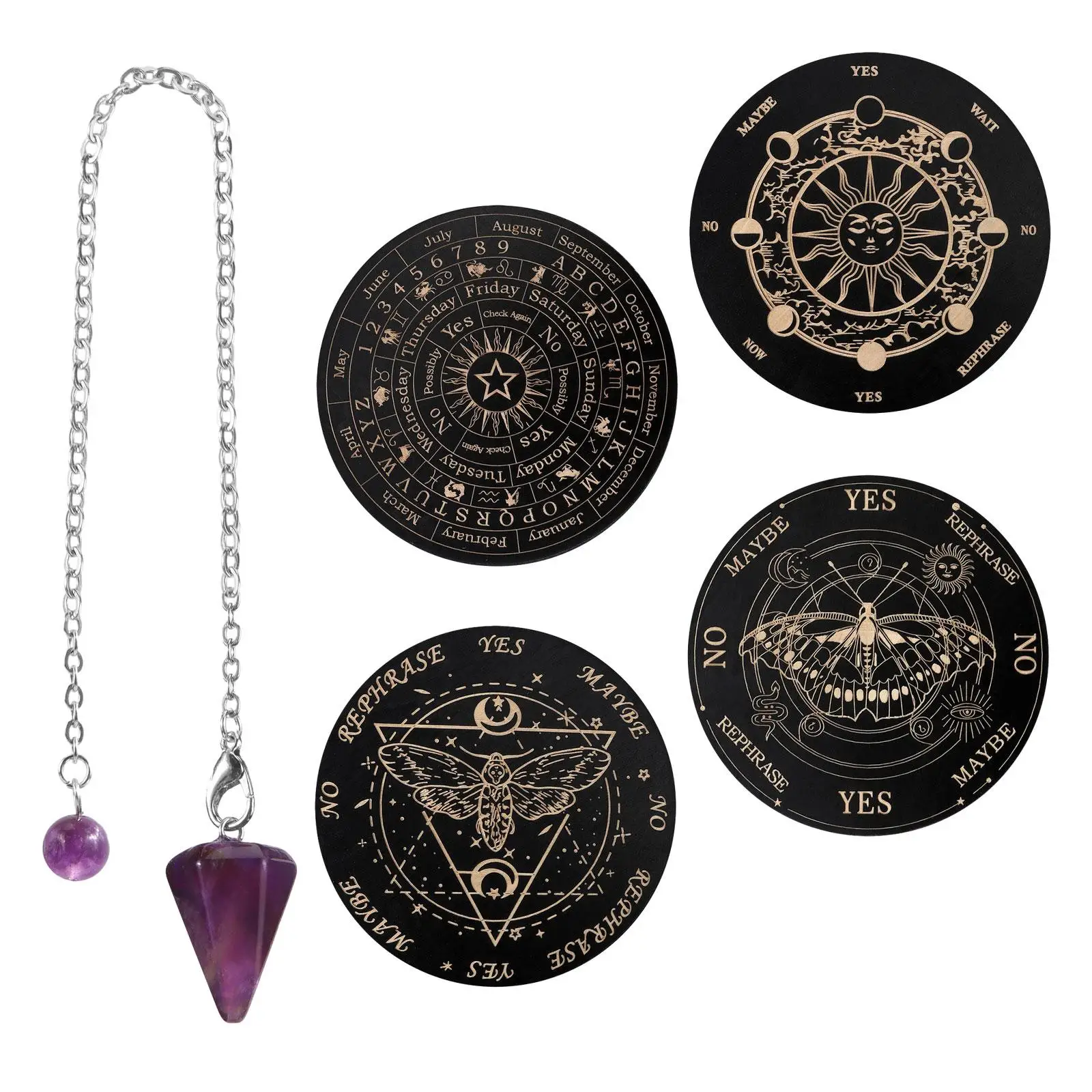 4x Dowsing Divination Board Wooden Home Decor Wiccan Witchcraft with Crystal Necklace Round 5.9