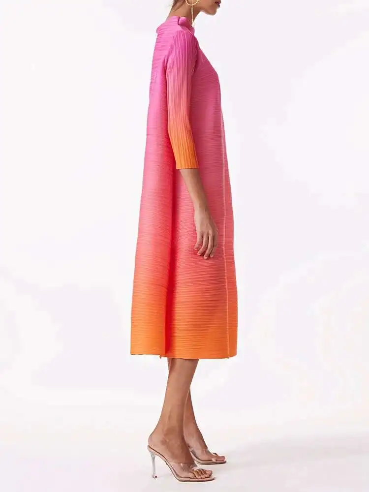 LANMREM Fashion Pleated Dress Gradient Color Women Turtleneck Long Sleeves Pink Orange Dresses Female Clothing 2024 New 2YA773b - Image 4