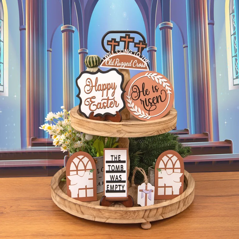 

Пасхальное украшение, деревянное ремесло для деревянного многоярусного подноса, украшение для 2024 пасхальных праздников, вечеринок, украшение для дома и рабочего стола