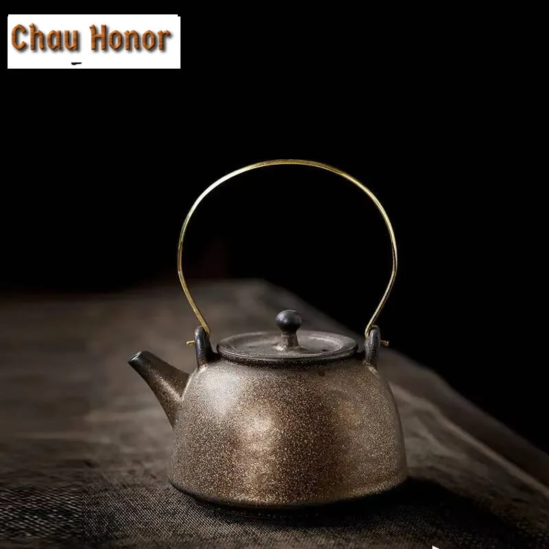 200ml Japanese Gilded Rust Glaze Loop-handled Teapot Antique Tea Infuser Pot Tea Brewing Kettle with Filter Drinkware Decoration