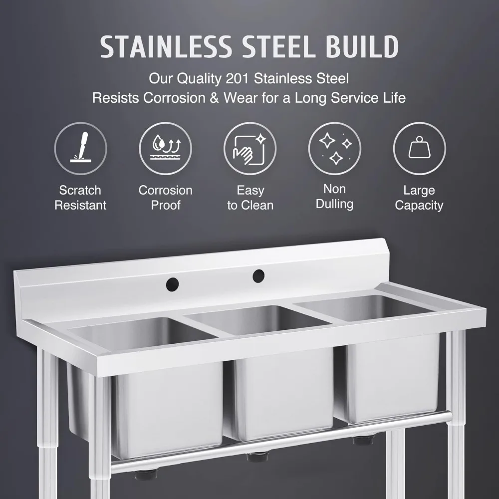 3-Stainless Steel Sink, Free Standing Restaurant Sink Station with Strainer, Kitchen Prep & Utility Sink for Home Garage Bar 3