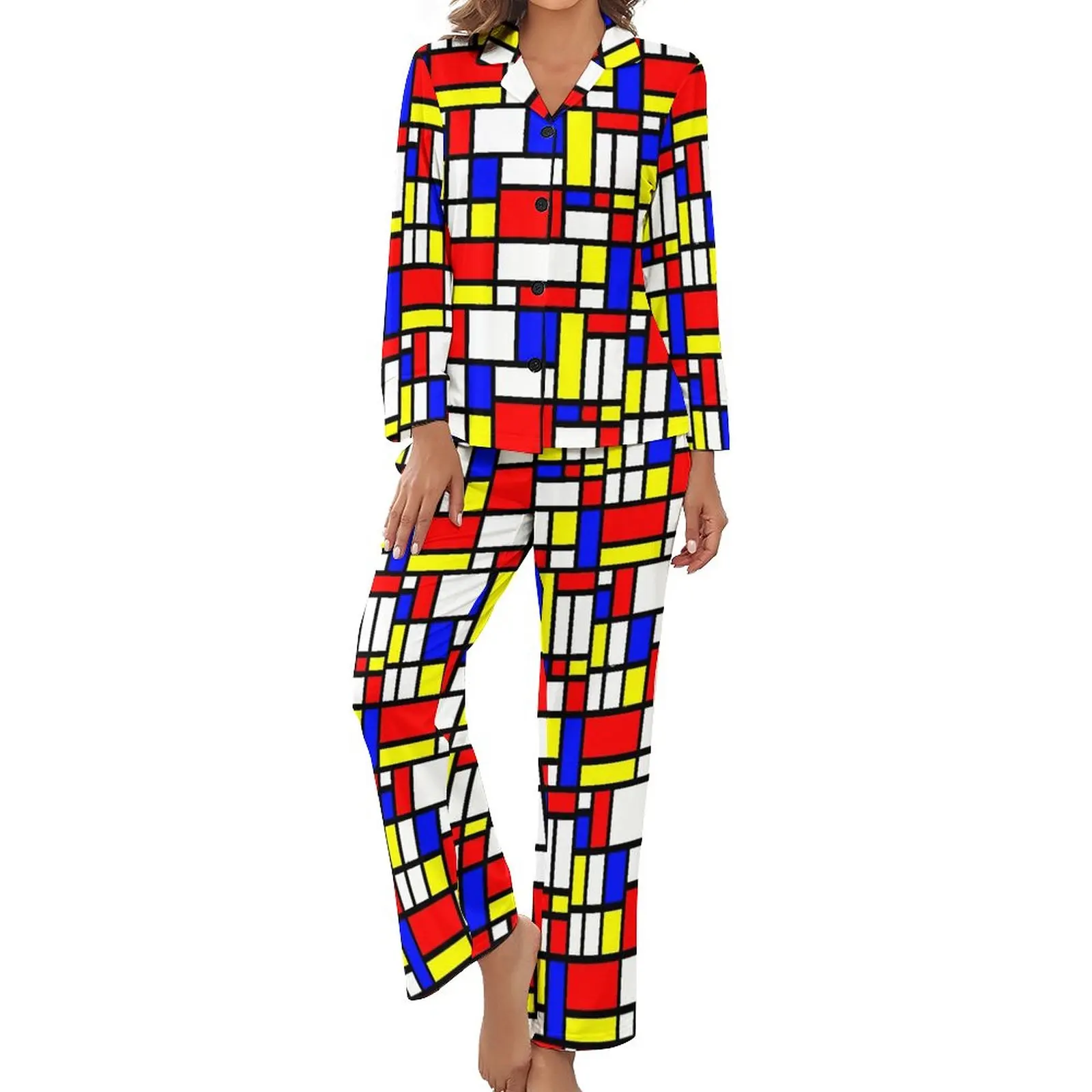 

Пижама с геометрическим принтом, мягкая Ночная Повседневная Пижама с длинным рукавом, в стиле пэчворк, под заказ, 2 предмета