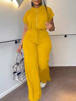 Women Casual Round Neck Drawstring Short Sleeve Top & High Waist Pants Set Summer Solid Two Piece Suit Sets Outfits Set Female 1