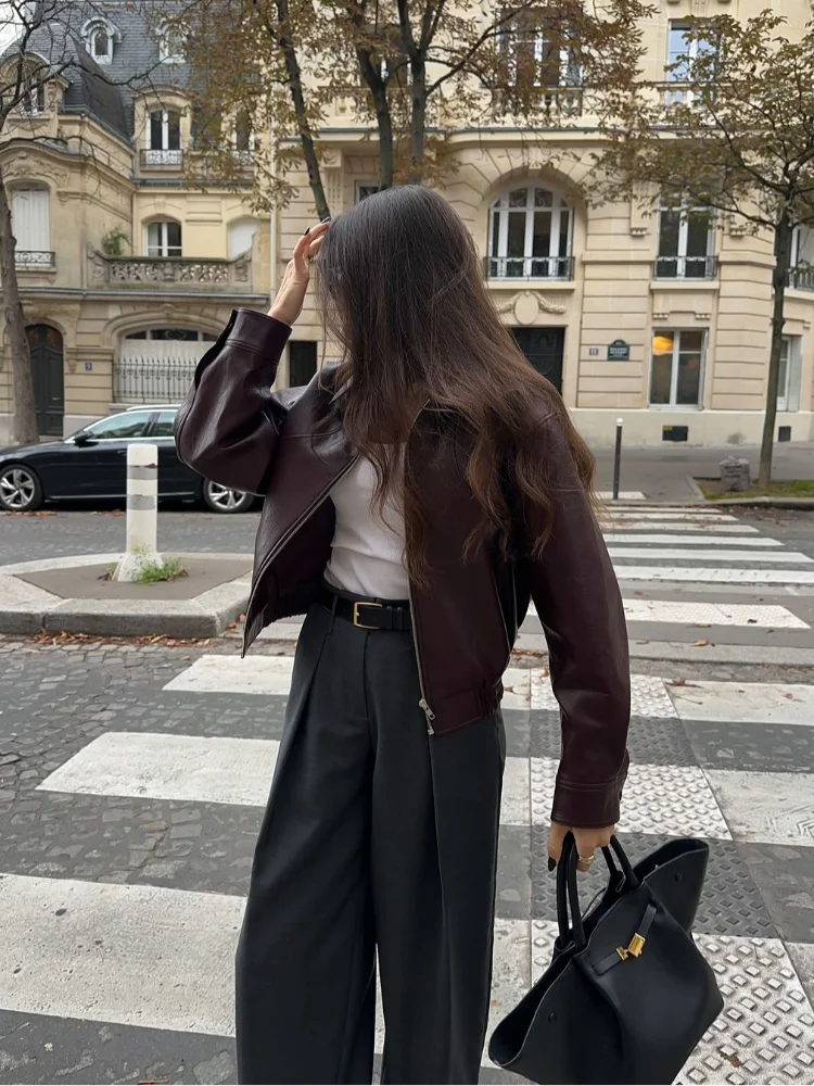 Vintage Solid Lapel Collar Zipper Women's Pu Leather Jacket Fashion Long Sleeve Pockets Short Loose Coat Autumn Winter Outerwear 4