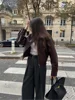 Vintage Solid Lapel Collar Zipper Women's Pu Leather Jacket Fashion Long Sleeve Pockets Short Loose Coat Autumn Winter Outerwear 4