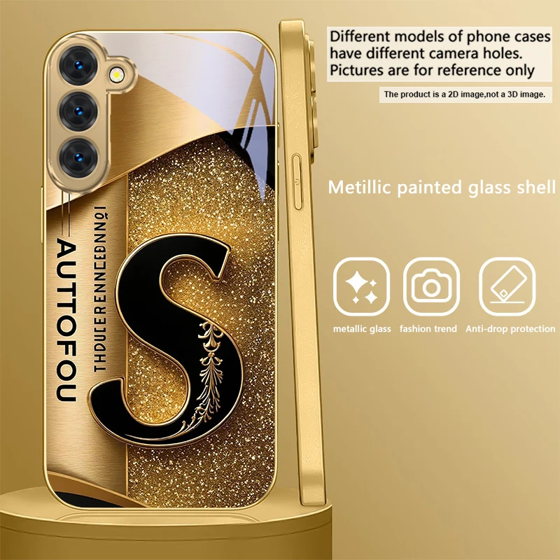 Elegant Golden Glass Phone Case with Ornate S Design